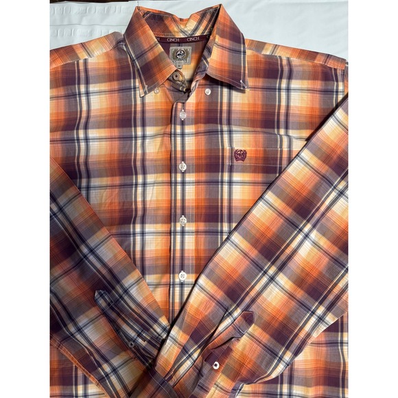 Cinch Men's Button Down Shirt Plaid Western Long Sleeve Orange Purple Medium - Picture 1 of 4